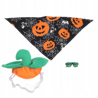 Halloweensky kostým zvieratka z tekvice s klobúkom, okuliarmi a šálom